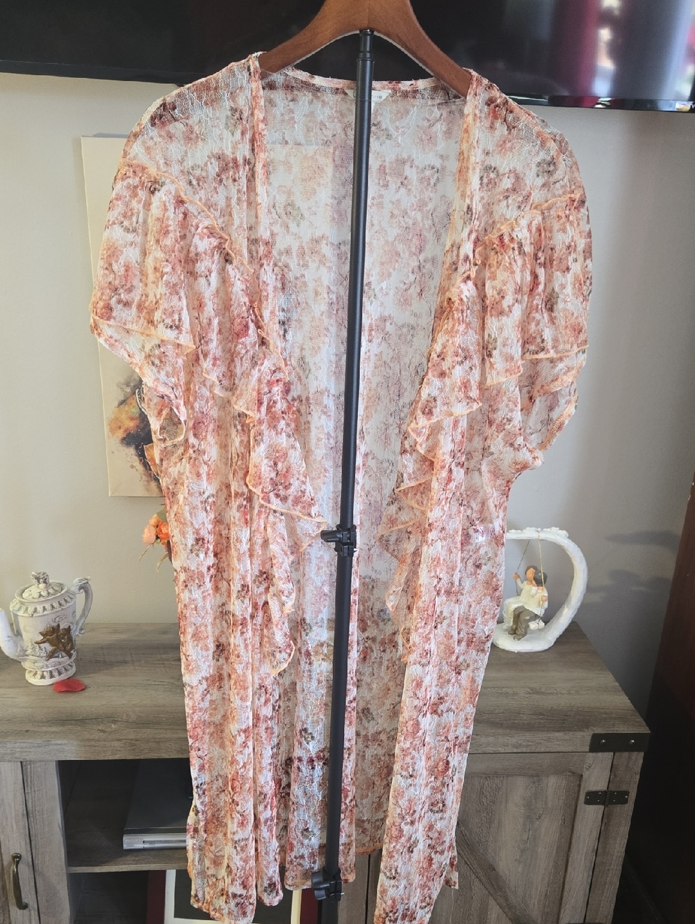 Cato Floral Sheer Ruffle Cardigan in Peach and Cream